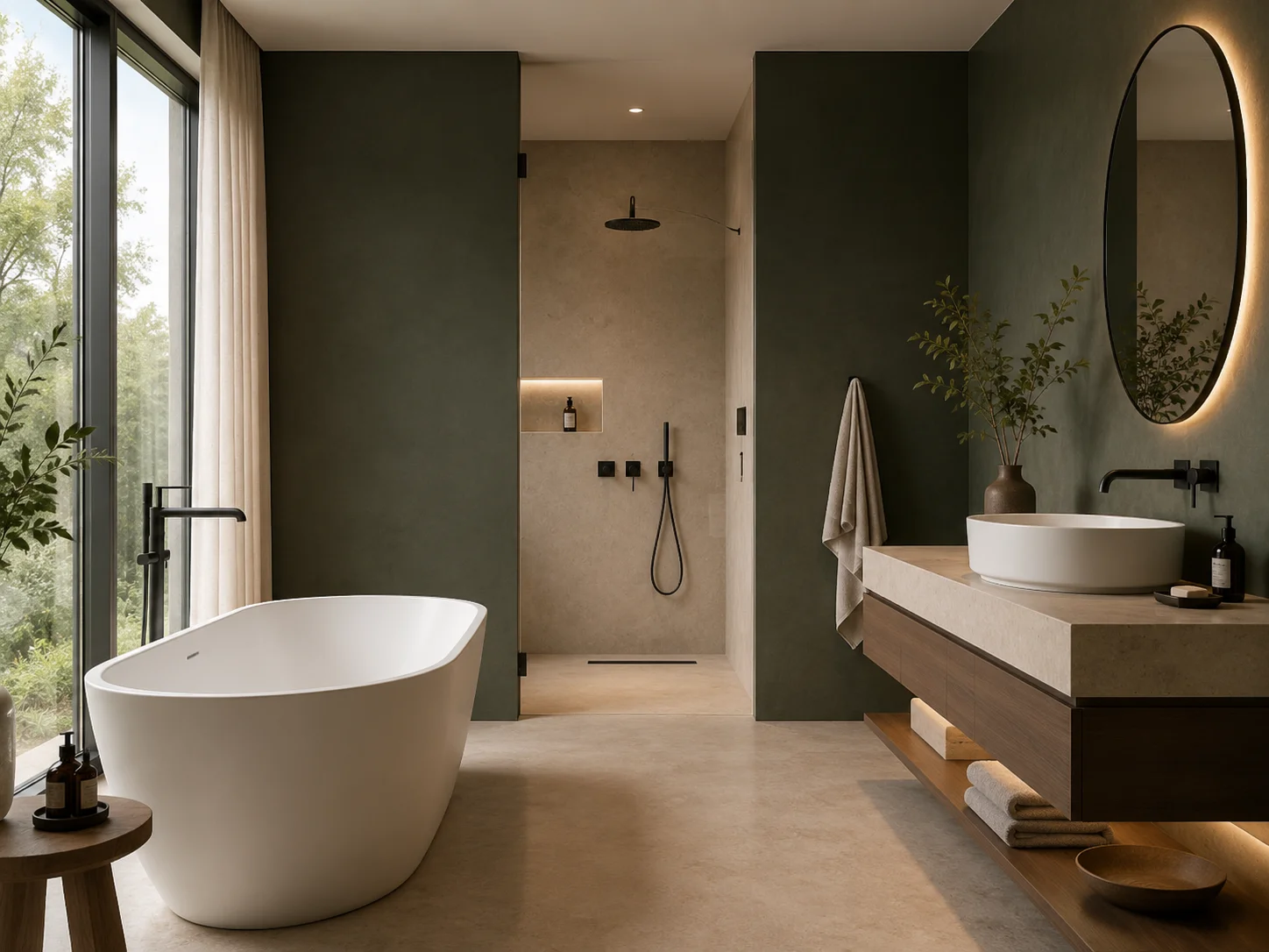 Elegantes Bad in Olivgrün mit freistehender Wanne und Regendusche