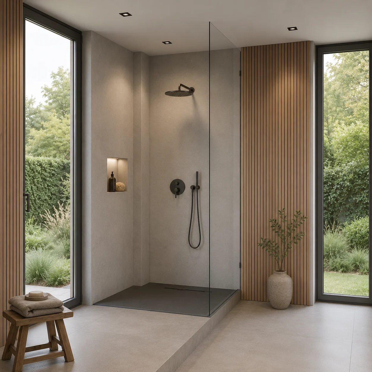 Walk-In-Dusche mit schwarzen Armaturen und Holzlamellen