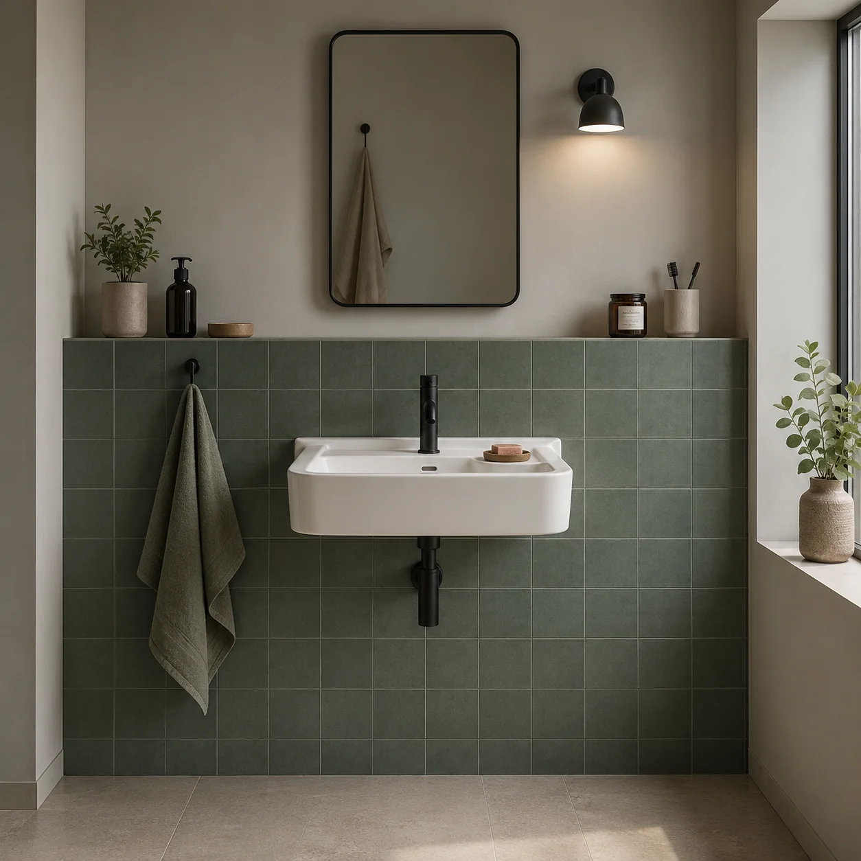 Gäste-WC mit grünen Fliesen, Wandwaschtisch und schwarzen Armaturen