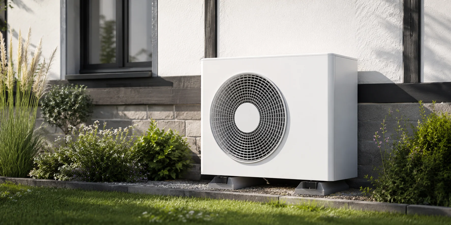 Weiße Wärmepumpe im Garten an der Hausfassade