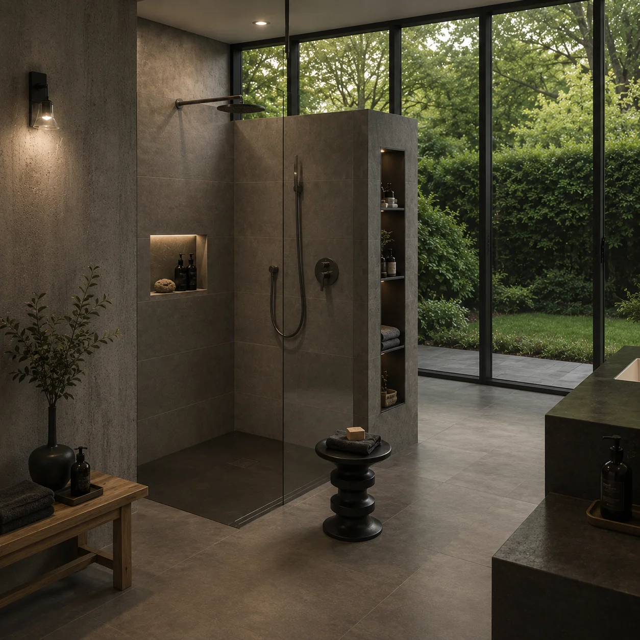 Dunkles Designbad mit bodengleicher Dusche, Glaswand und Blick in den Garten