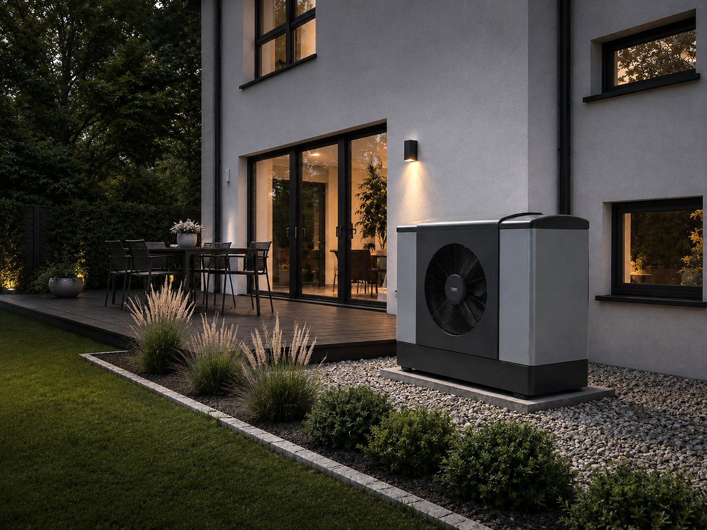 Wärmepumpe an modernem Einfamilienhaus in der Abenddämmerung