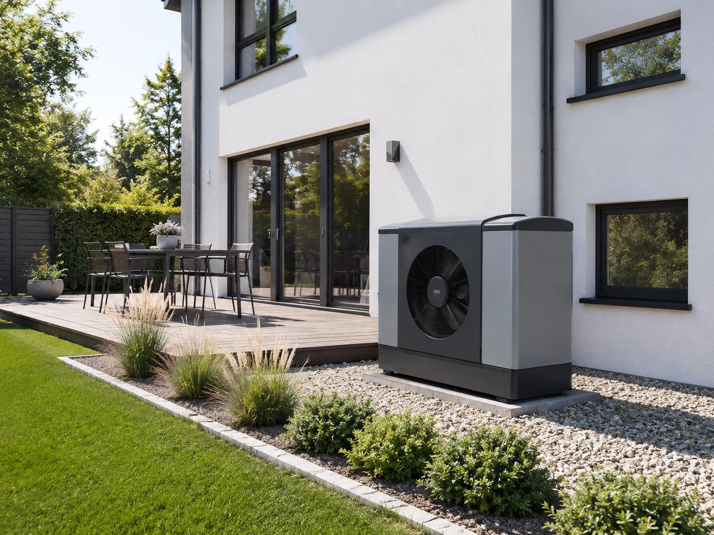 Wärmepumpe an modernem Einfamilienhaus mit Terrasse
